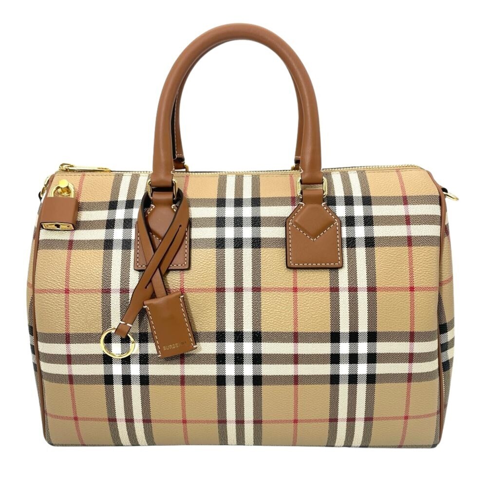 Burberry Bowling Mini Boston Bag 8071355 A9534 PU Polyester Cotton Beige Gold...